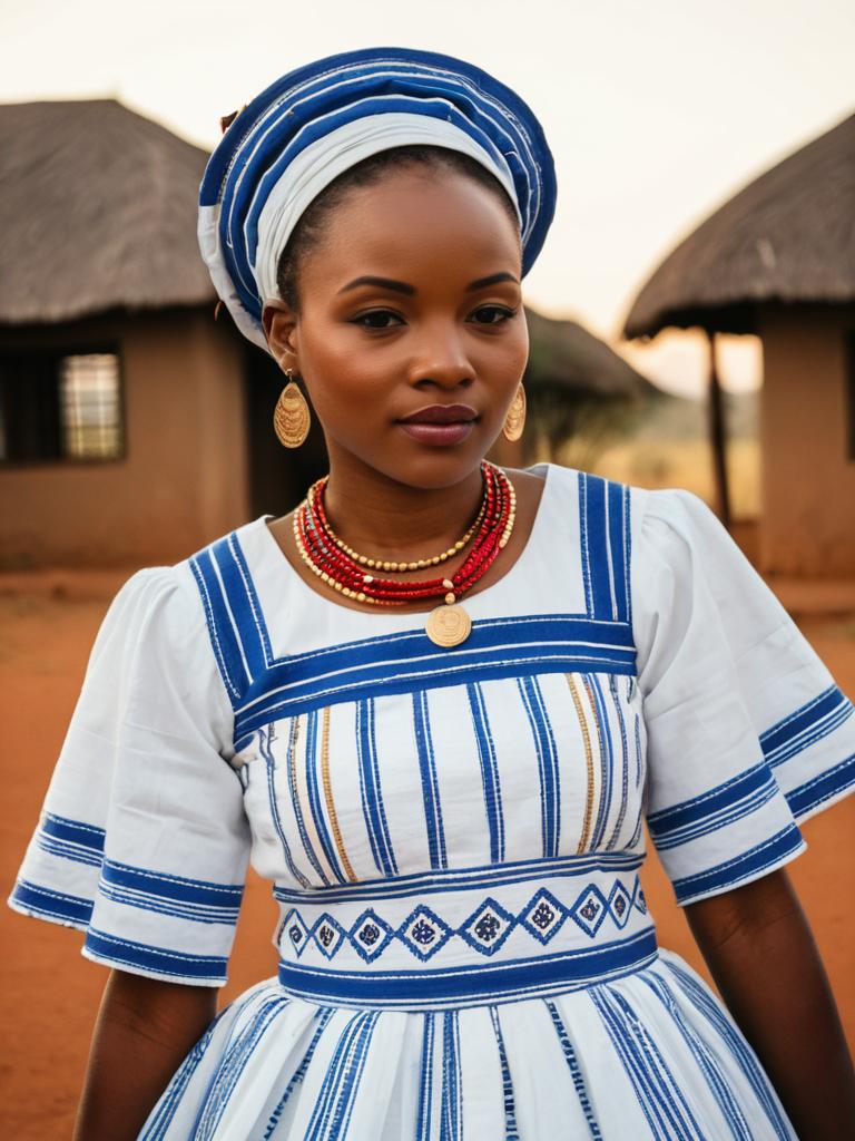 Tswana Makoti Woman in Traditional White and Blue Dress with Beaded Jewelry