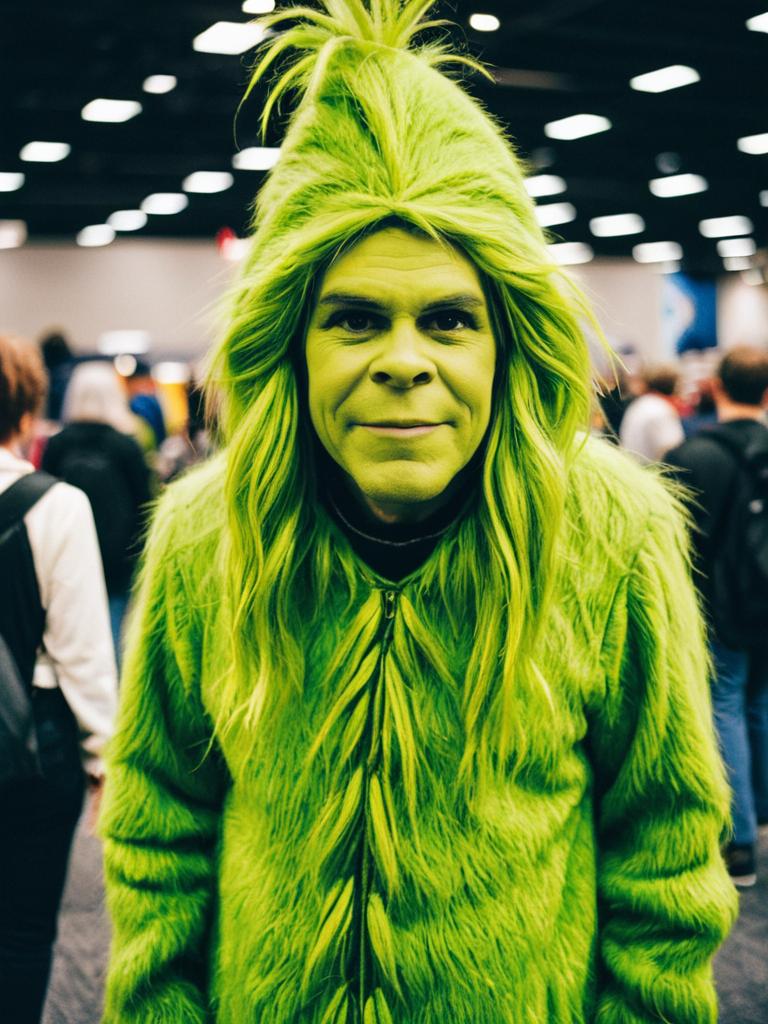 Man in Detailed Grinch Costume at Cosplay Convention