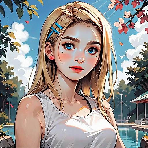Anime Style Blonde Woman by the Poolside Digital Illustration