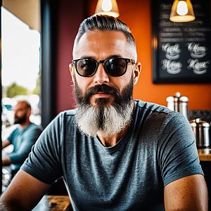 Confident man with grey beard in cozy cafe