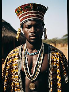 Man in African Outfit with Beaded Necklaces and Regal Hat in Cinematic Realism