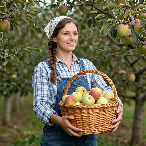 Woman Harvesting Apples in Orchard Holding Basket of Fresh Fruit