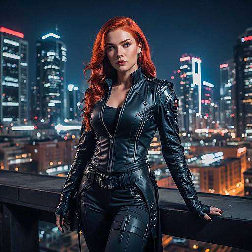 Woman in Black Leather Outfit on Futuristic Urban Rooftop at Night