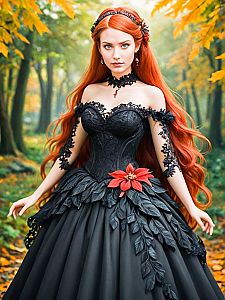 Woman in Gothic Dress in Autumn Forest