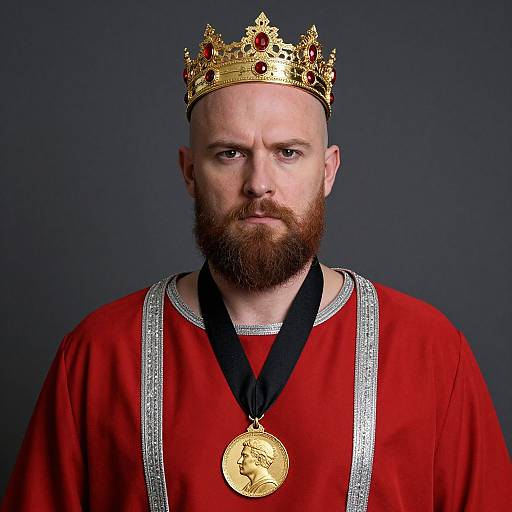 Bearded Man Wearing Royal Crown and Medal in Red Robe Portrait