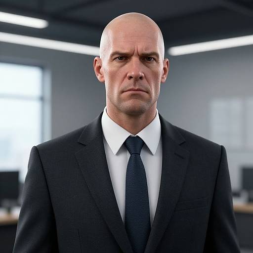 Professional Bald Man in Dark Suit Standing in Modern Office