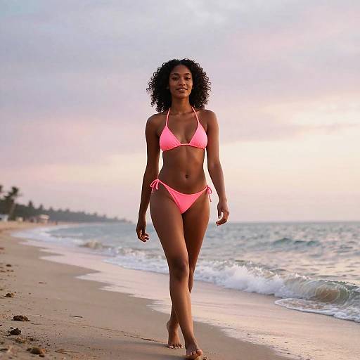 Woman Walking on Beach in Pink Bikini Gen Z Style