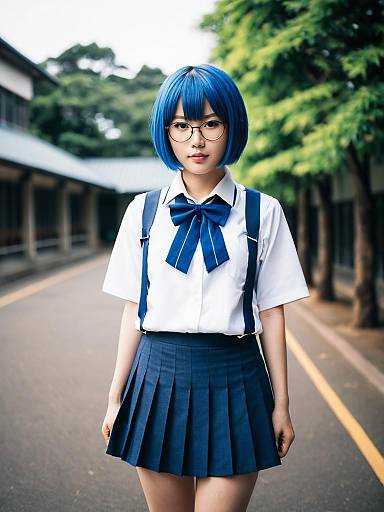Young Woman in Blue Hair and Japanese School Uniform Outdoors