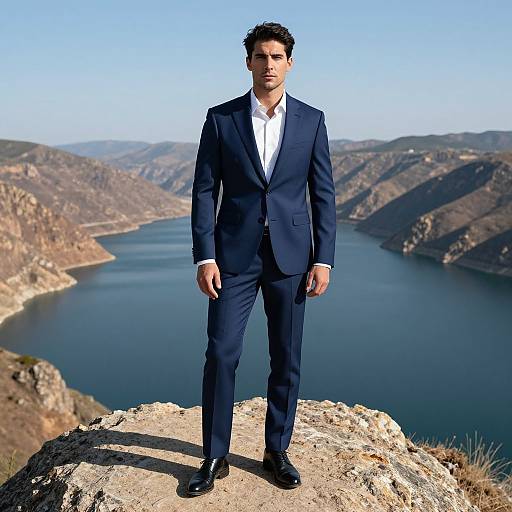 Young Man in Navy Blue Suit Standing on Rocky Cliff Overlooking River Valley