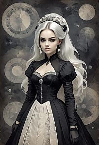 Gothic Victorian Woman in Black and White Historical Dress with Clock Background