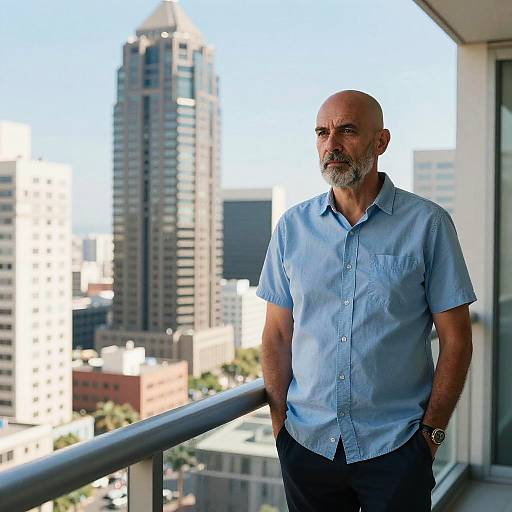 Mature Bald Man Standing on City Balcony in Casual Shirt