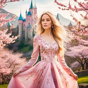 Elegant Woman in Pink Gown Among Cherry Blossoms