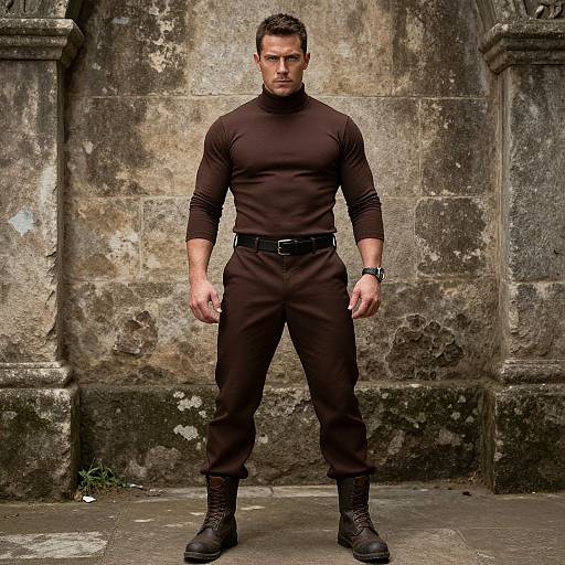 Confident Muscular Man in Brown Turtleneck and Boots Standing Against Stone Wall
