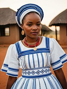 Tswana Makoti Woman in Traditional White and Blue Dress with Beaded Jewelry