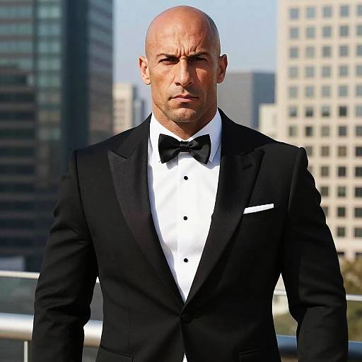 Confident Bald Man in Black Tuxedo Bow Tie Urban Background