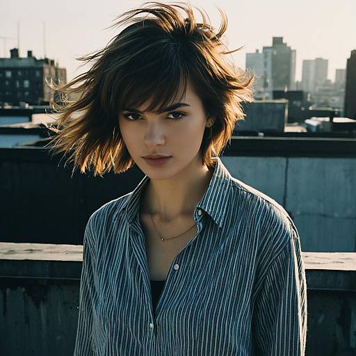 Portrait of Young Woman on Urban Rooftop with Windblown Hair