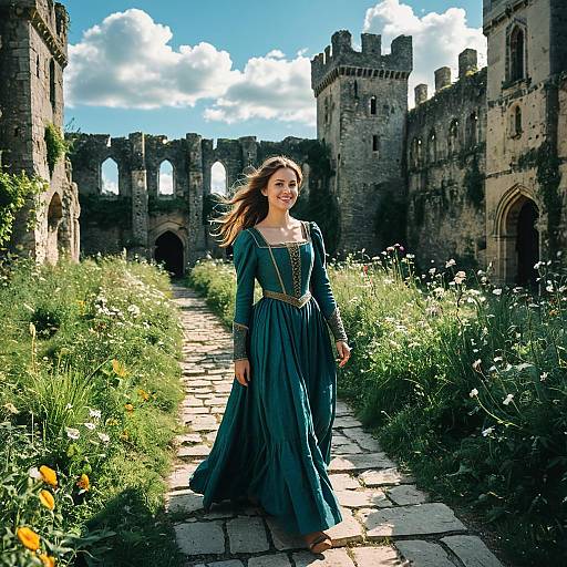 Medieval Woman in Teal Gown Walking Through Castle Ruins on Sunny Day
