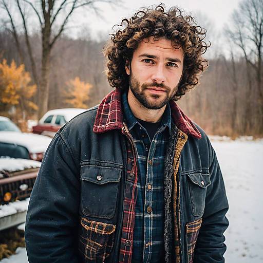 Curly Haired Man in Layered Plaid Jacket Outdoors in Winter