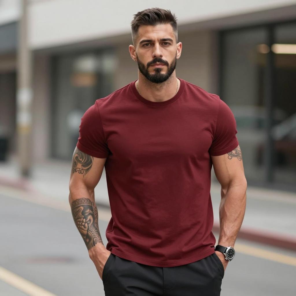 Stylish Man Wearing Maroon T-Shirt With Tattoos Urban Casual Look
