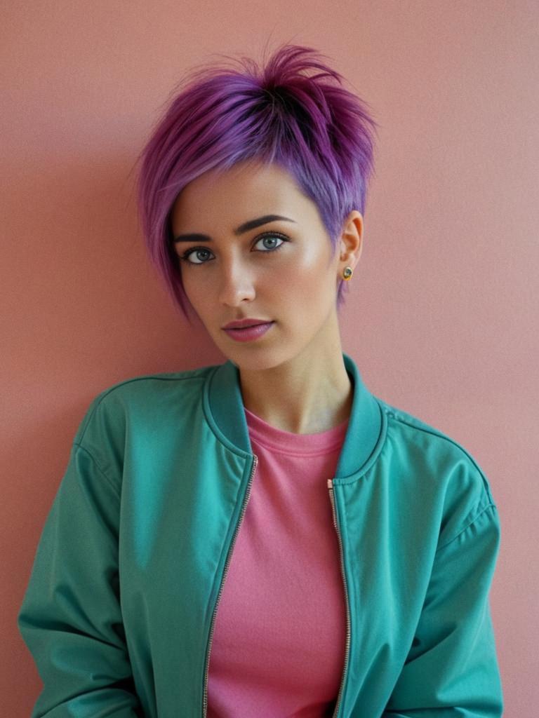 Stylish Woman with Purple Hair in Teal Bomber Jacket