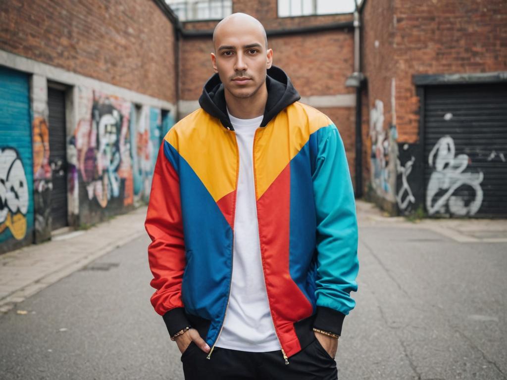 Confident Man in Color-Blocked Jacket in Urban Alley