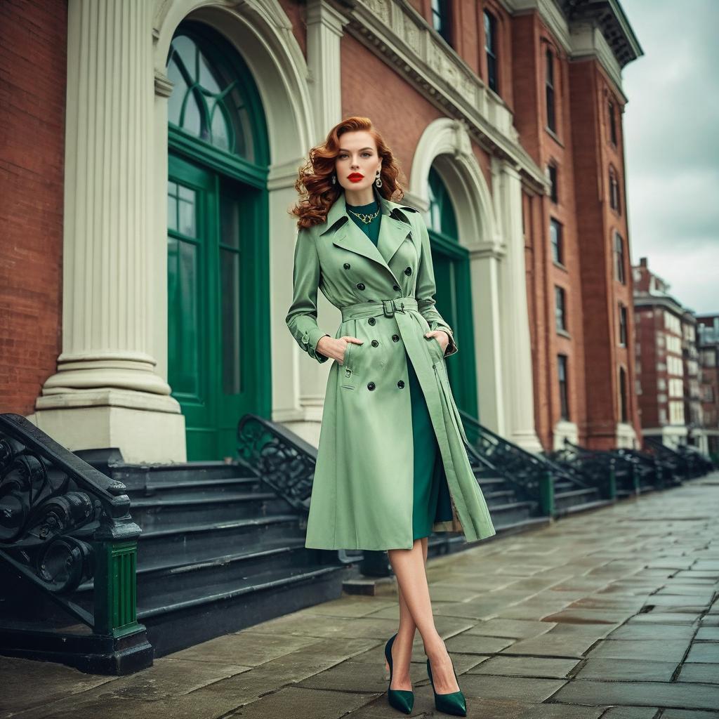 Stylish woman in green trench coat on city sidewalk Stylish woman in green trench coat on city sidewalk