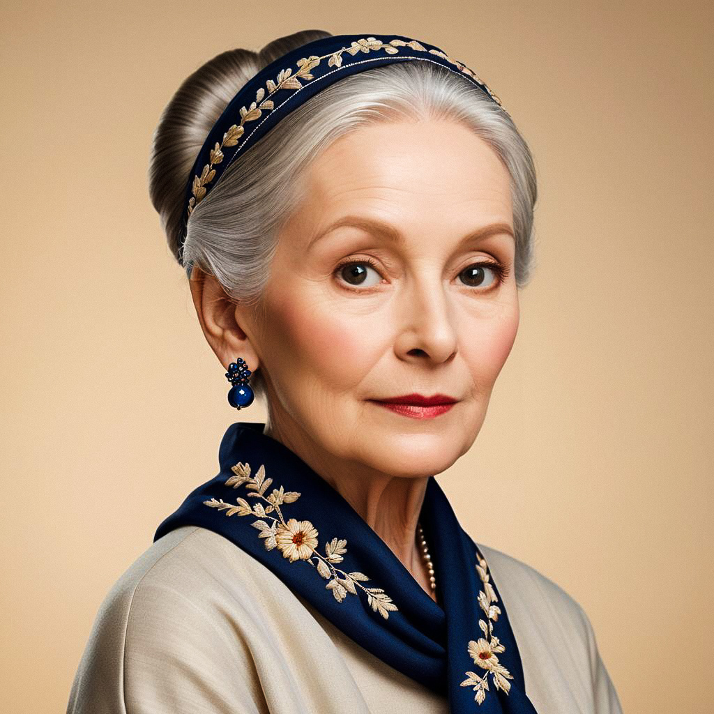 Elegant Elderly Woman with Silver Hair and Navy Headband Elegant Elderly Woman with Silver Hair and Navy Headband