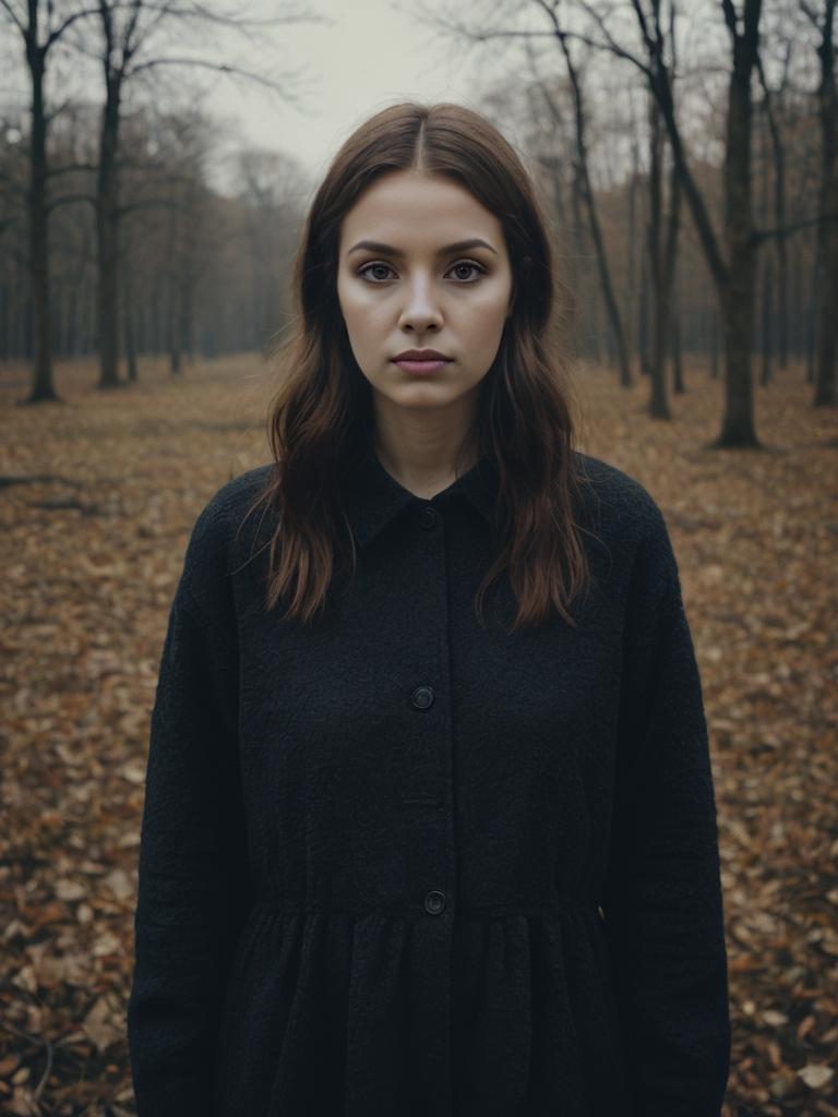 Solemn Woman in Autumn Forest