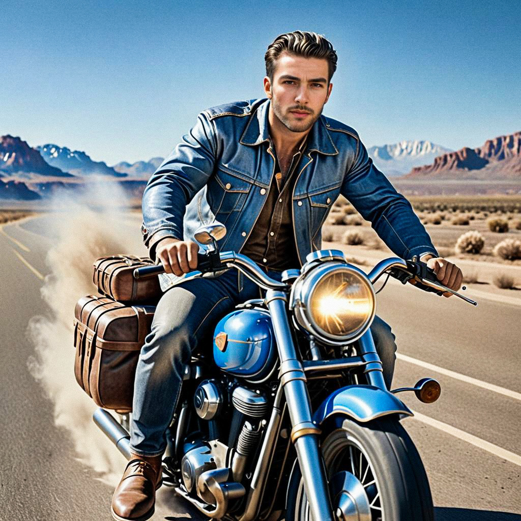 Stylish Man Riding Classic Motorcycle in Desert