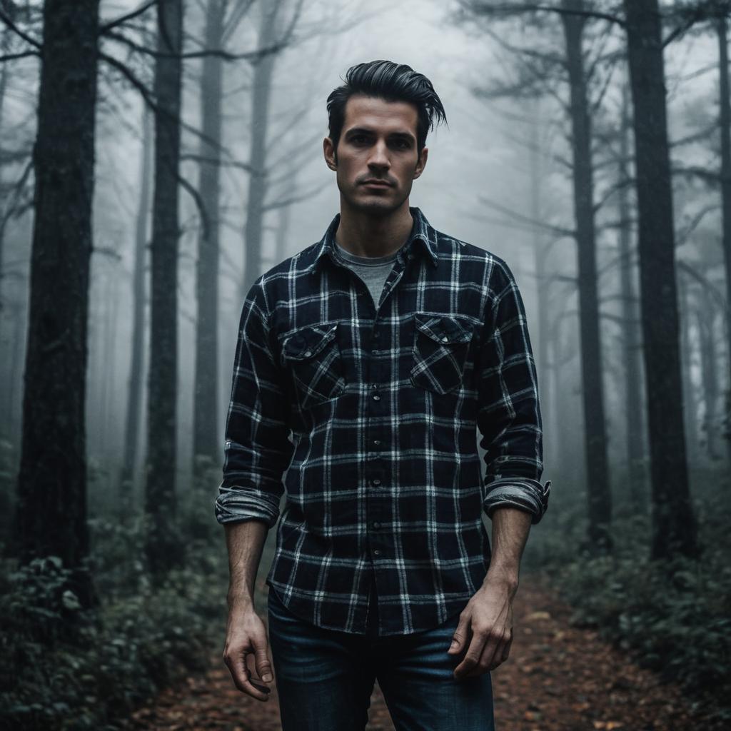 Young man in misty forest