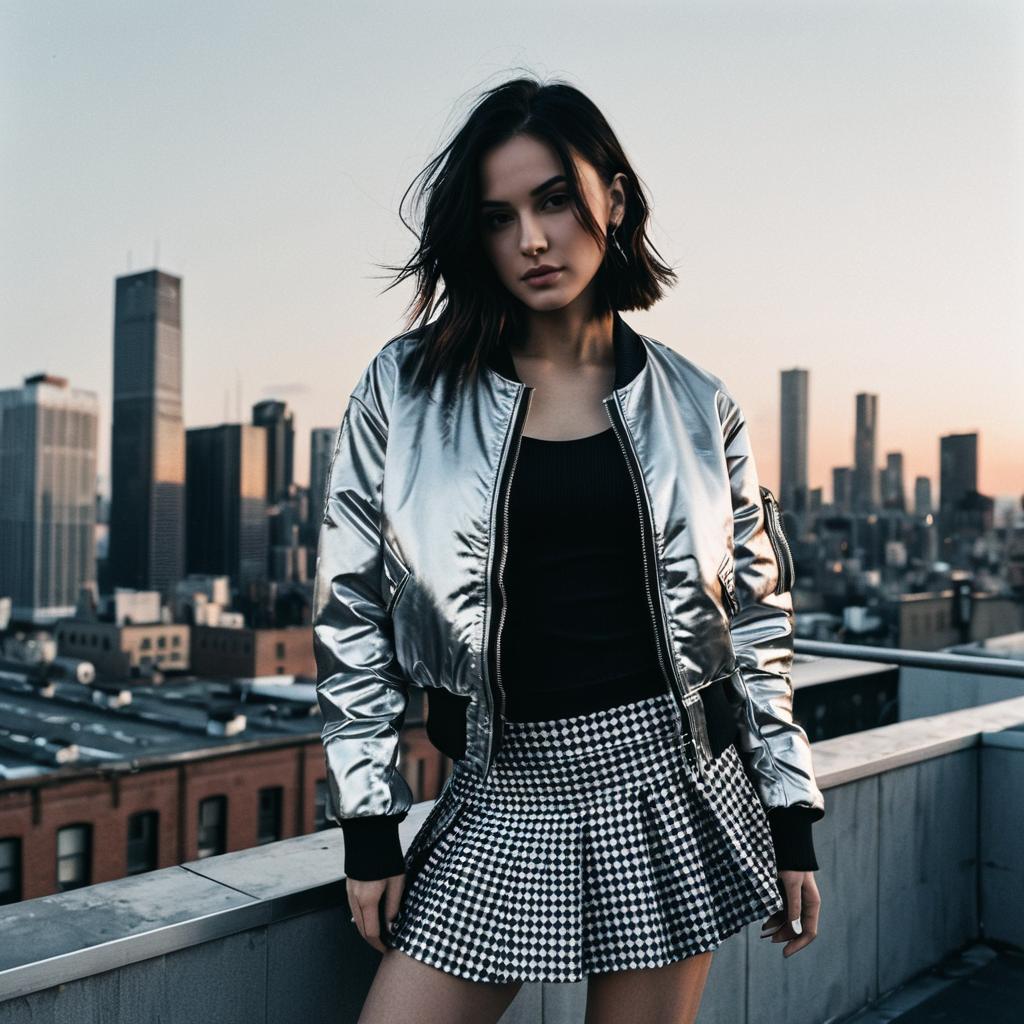 Urban Fashion Portrait of Woman in Silver Bomber Jacket on Rooftop