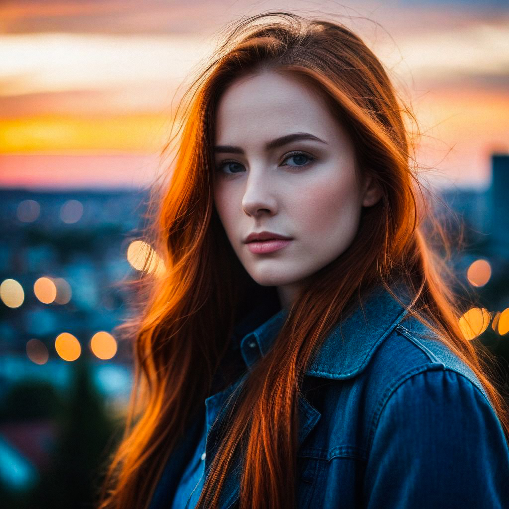 Young Woman with Red Hair in Denim Jacket at Sunset