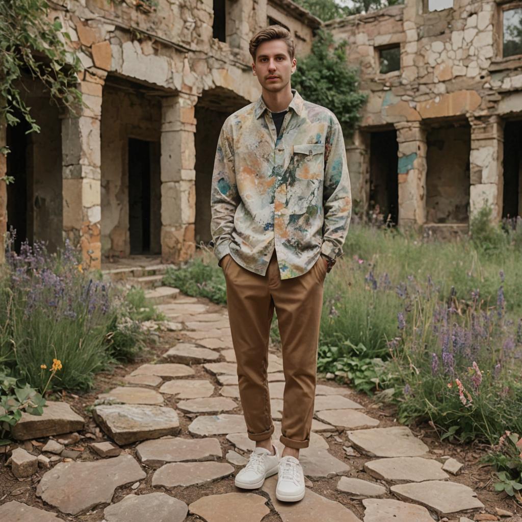 Confident Man in Paint-Splattered Jacket Amid Ruins