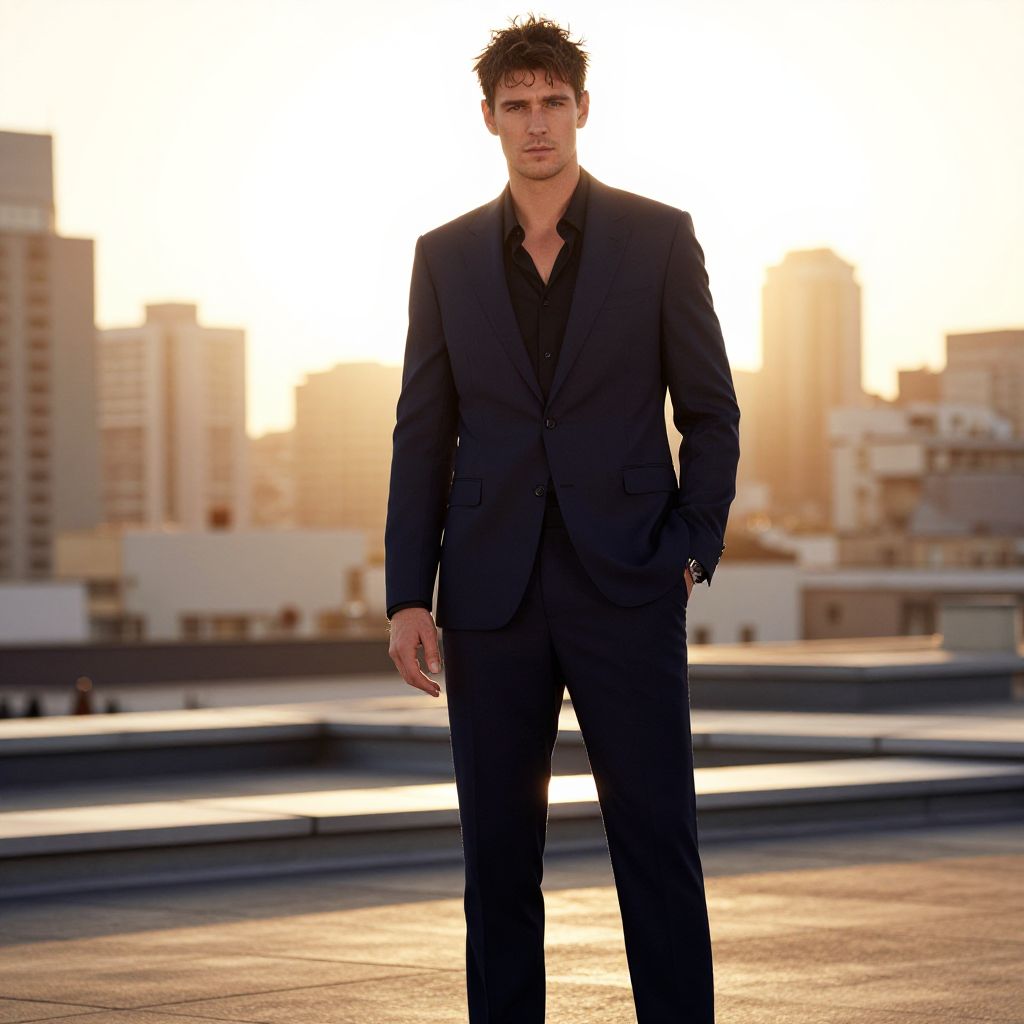 Man in Navy Blue Suit on Rooftop at Sunset with Cityscape