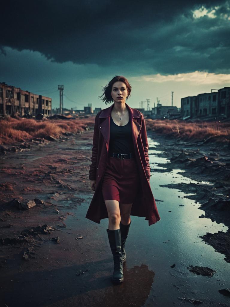 Woman in Red Coat in Apocalyptic Landscape