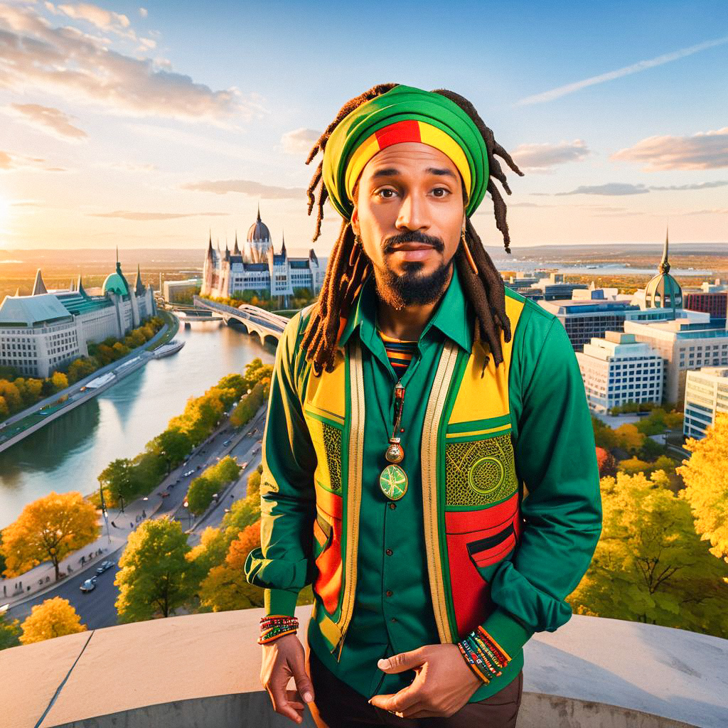 Man with Dreadlocks in Colorful Shirt at Sunset Over Cityscape Man with Dreadlocks in Colorful Shirt at Sunset Over Cityscape