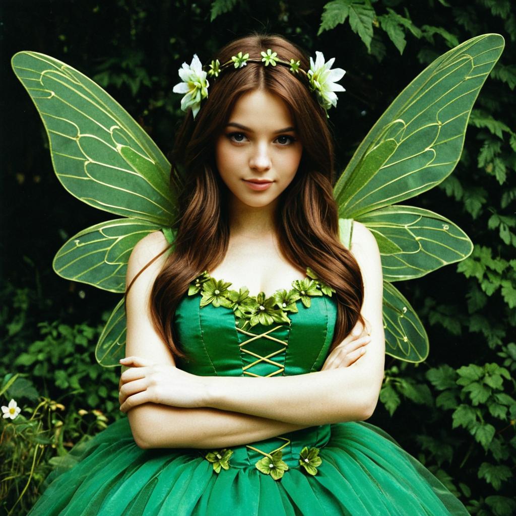 Young Woman in Green Fairy Costume with Floral Wings and Headband
