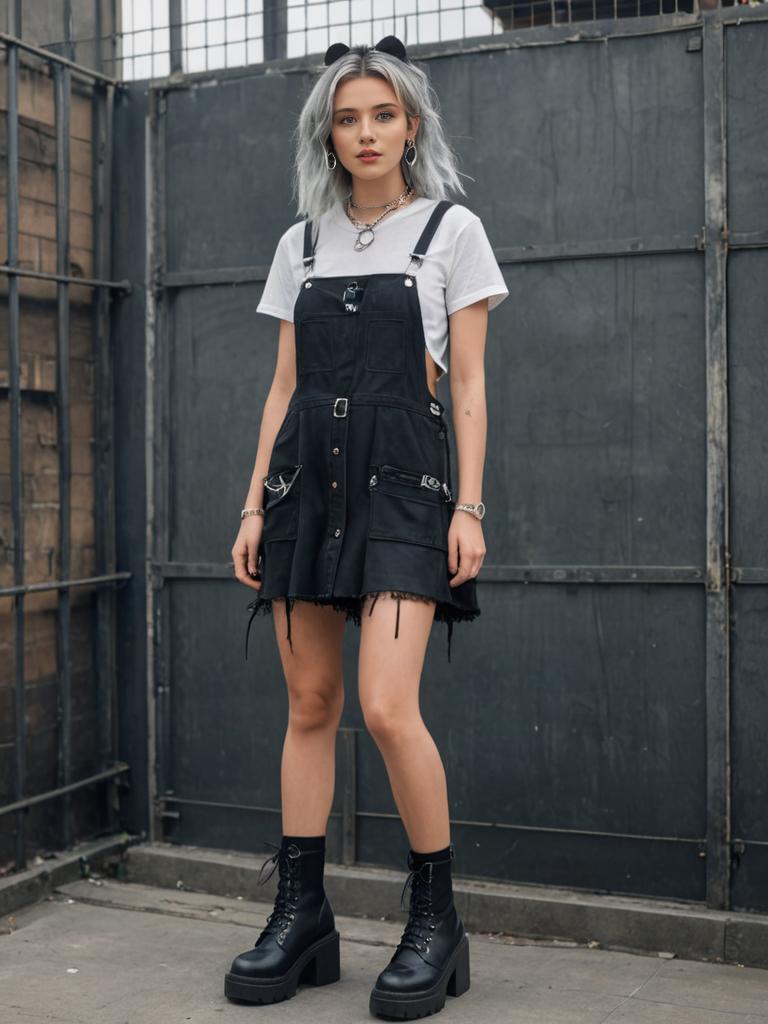 Edgy woman with silver hair in black pinafore dress