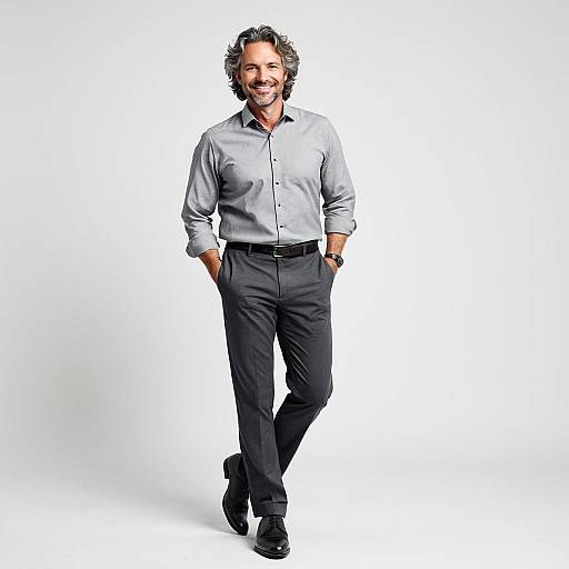 Confident Middle-Aged Man in Gray Business Casual Outfit Standing on White Background
