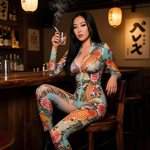 Woman Wearing Koi Fish Bodysuit Sitting at Japanese Bar Holding Cigarette and Drink