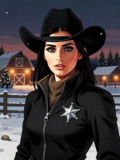 Digital Illustration of Woman Sheriff in Black Cowboy Hat with Snowy Western Background