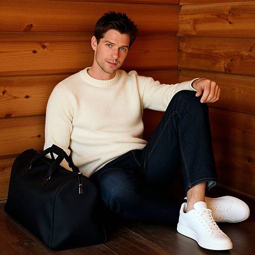 Casual Man Sitting by Wooden Wall with Black Leather Duffel Bag