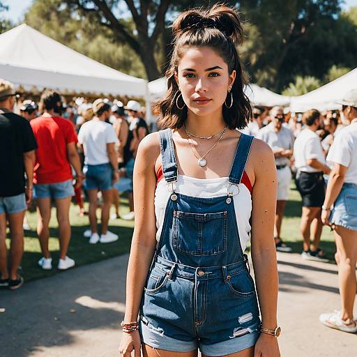 Young Woman in Denim Overalls at Outdoor Festival