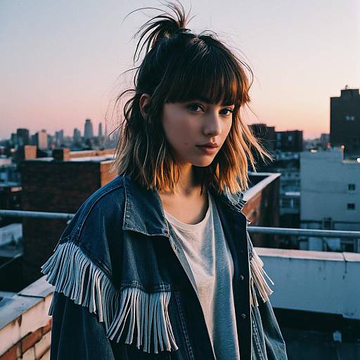 Young Woman in Denim Fringe Jacket on Rooftop at Sunset with Cityscape Background
