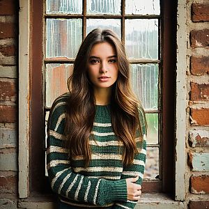 Young Woman in Cozy Sweater by Rustic Window