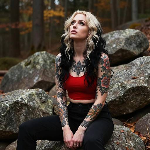 Tattooed Woman in Red Crop Top Sitting on Rocks in Autumn Forest