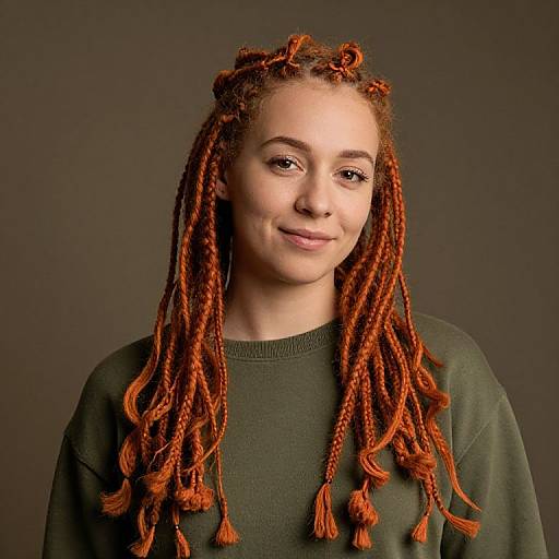 Portrait of Woman with Orange Braided Hair in Green Sweater