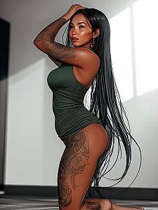 Tattooed Woman Posing Gracefully in Green Outfit Digital Art