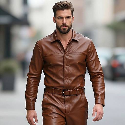 Stylish Man in Brown Leather Outfit Walking in Urban Setting