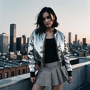 Urban Fashion Portrait of Woman in Silver Bomber Jacket on Rooftop